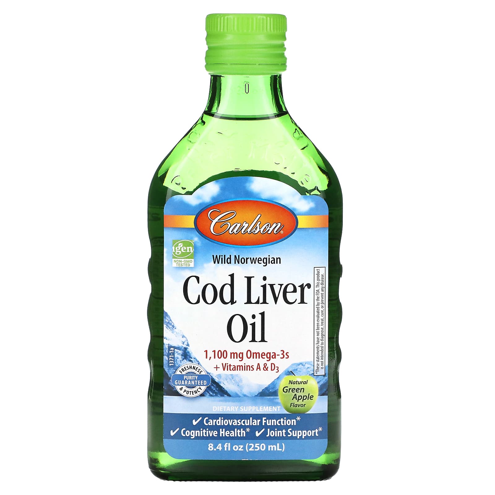 Carlson Labs, Cod Liver Oil, Natural Green Apple , 1,100 mg, 8.4 fl oz UPC 088395137105 | HiLife Vitamins
